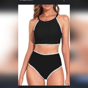 Amazon NWOT Black&White Two Piece High Waisted Bikini Set Sz S Crochet Detail